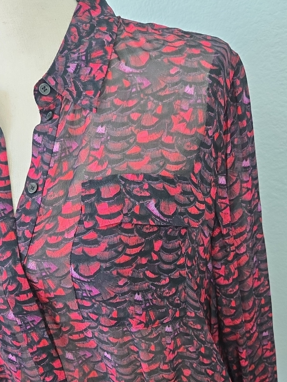 All Saints Adeliza Plume Blouse Jewel Tone Semi Sheer Feather Printed Sz Medium - Picture 5 of 16